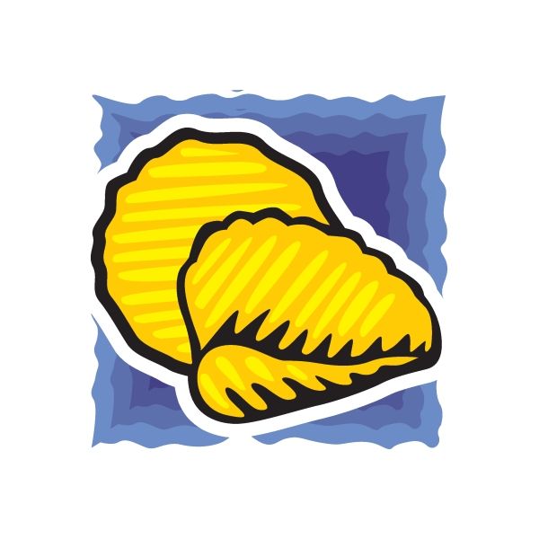 Potato chip sticker with two yellow chips and black outline on blue backing