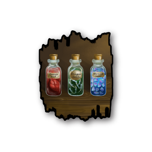 Vinyl potion sticker with three potion bottles in a torn-wood frame