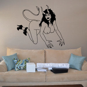 Devil girl wall decal, black line art with curled tail and raised arms