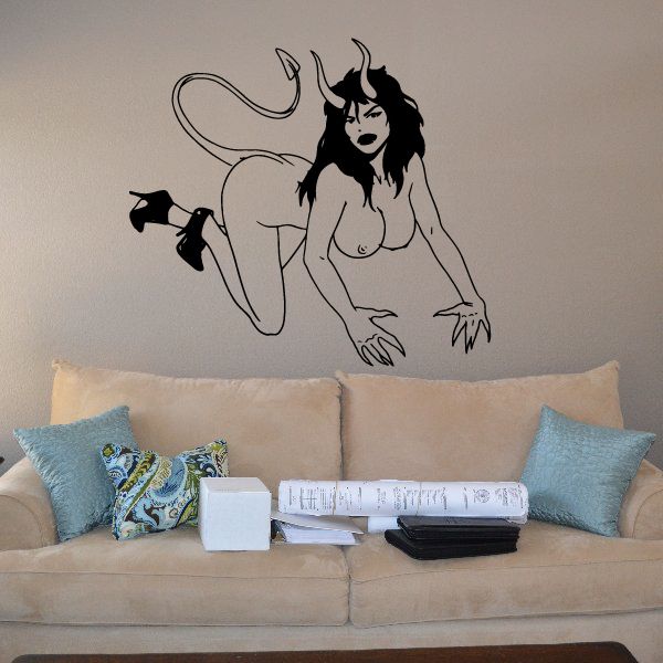Devil girl wall decal, black line art with curled tail and raised arms
