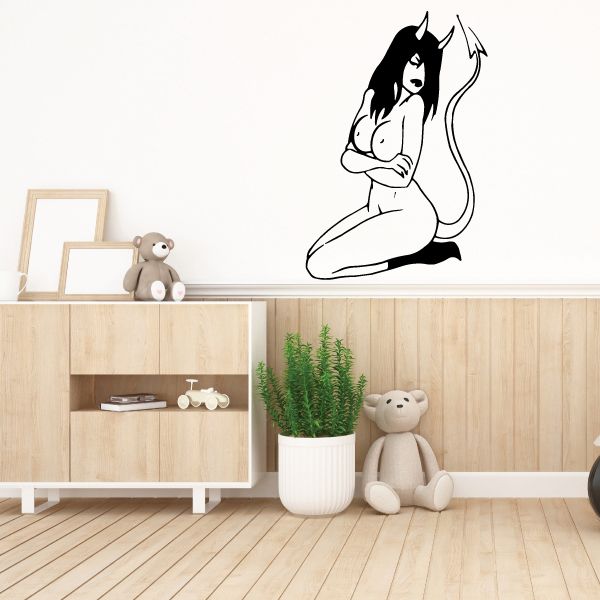 Devil girl wall decal with black outline, long tail, pouting pose