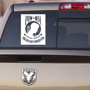 White POW*MIA 'Not Forgotten' car window decal with eagle-and-helmet emblem