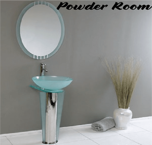 Wall decal with cursive “Powder Room” lettering in black