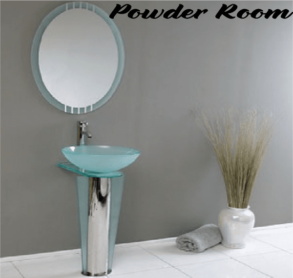 Wall decal with cursive “Powder Room” lettering in black