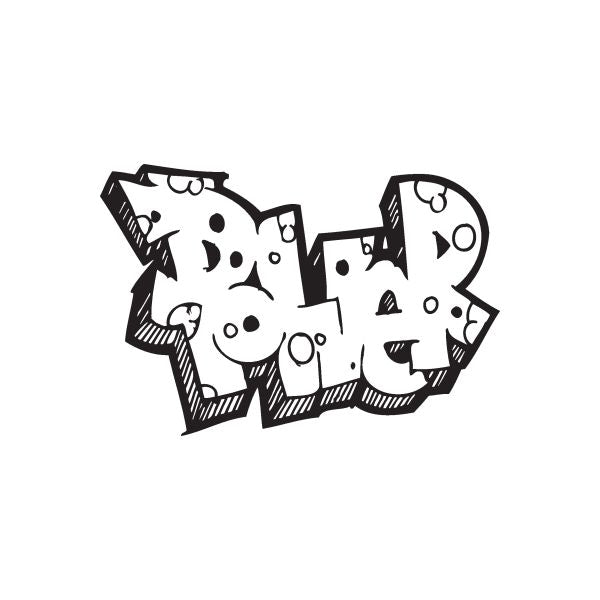 Graffiti decal with black-and-white stylized lettering