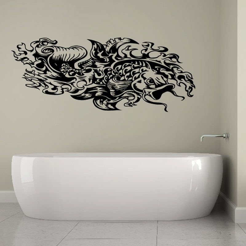Black koi fish wall decal with swirling dragon-like design