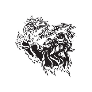 Black-and-white wizard head decal with lightning rays and open mouth