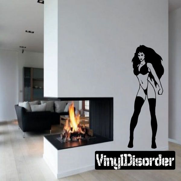 Black woman in bikini wall decal with stylized face and long hair silhouette