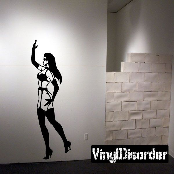 Lingerie woman wall decal, black silhouette with high heels and stockings