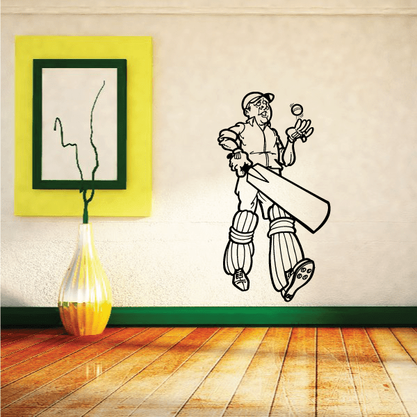 Cricket player wall decal, seated stance holding bat and ball, black outline