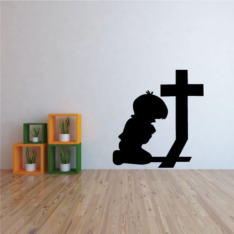 Black kneeling praying boy silhouette decal with cross