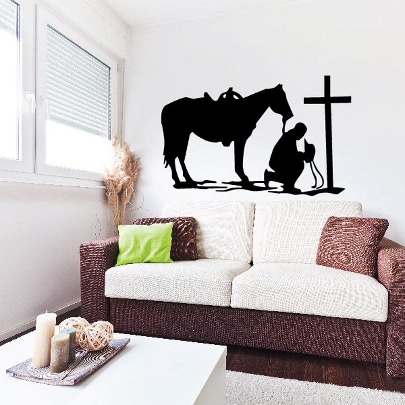 Praying cowboy with horse cross wall decal, black silhouette of cowboy, horse, and cross