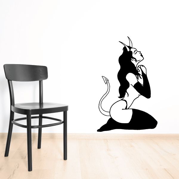 Praying devil girl decal, black silhouette with horns and clasped hands