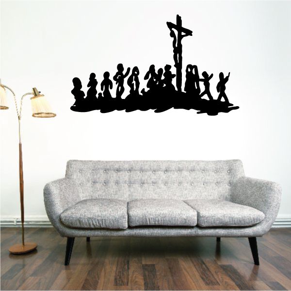 Wall decal silhouette of Jesus on the cross with praying figures around, black