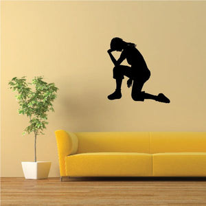 Praying woman looking down decal, black kneeling silhouette with hands clasped