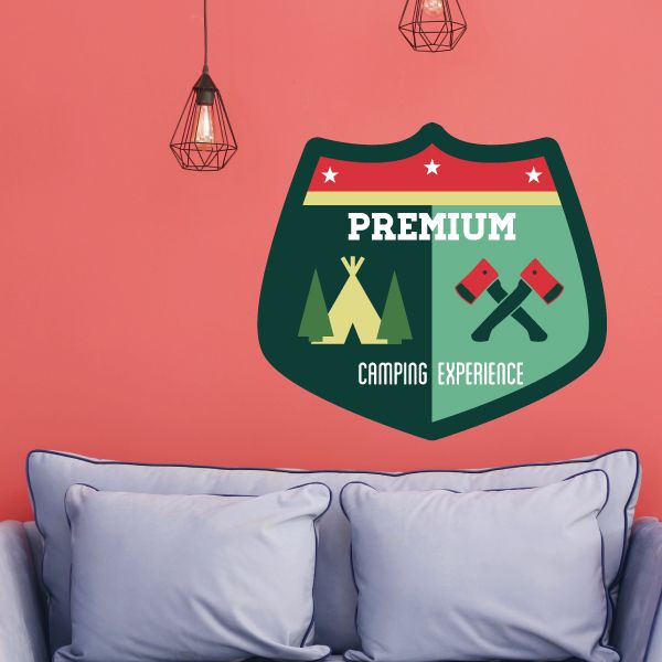 Camping badge wall decal: green shield with red stars and crossed camp axes