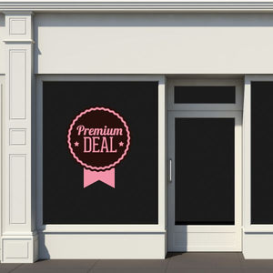 Pink circular badge wall decal with “Premium DEAL” text, stars, and ribbon banner