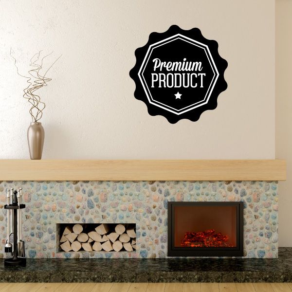 Black vinyl badge wall decal with white “Premium PRODUCT” text and star
