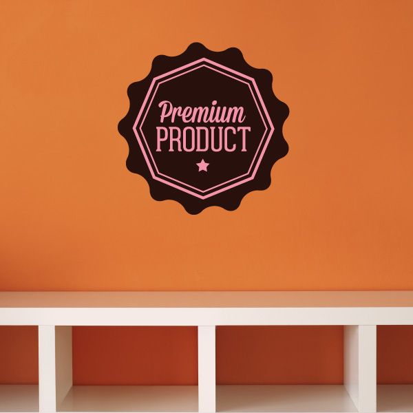 Premium PRODUCT badge wall decal with octagon outline, pink text on dark backing