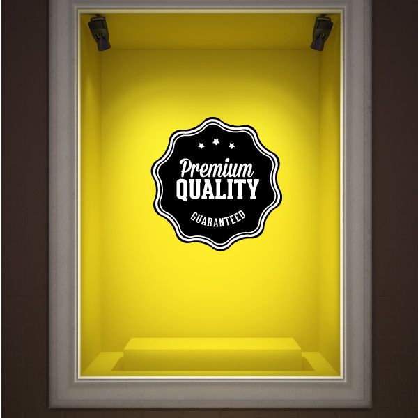 Vinyl wall decal badge: black scalloped emblem with 'Premium Quality Guaranteed' text