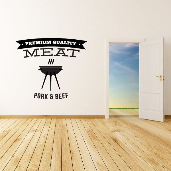 Meat grill wall decal with black text 'MEAT' and 'PORK & BEEF'