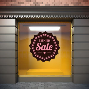 Premium Sale business badge wall decal, black circle with pink “Premium Sale” text