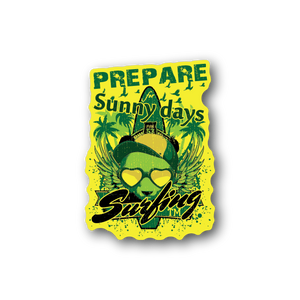 Surfing vinyl sticker with yellow “Prepare sunny days” text and palm tree graphic