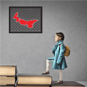 Chevron patterned sticker with red island map outline inside a square border