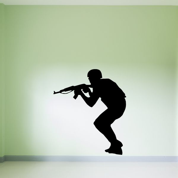 Prone soldier with rifle decal, black silhouette