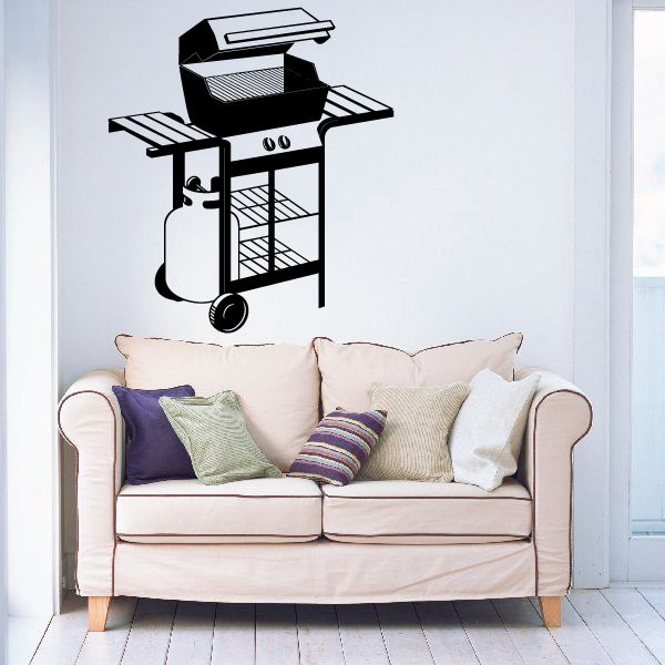 Propane barbeque grill wall decal, black grill with wheels and cart
