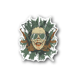 Vinyl sticker featuring a skull with sunglasses and green camouflage splatter