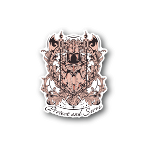 Vinyl sticker: warrior crest with 'Protect and Serve' text, ornate pink and black