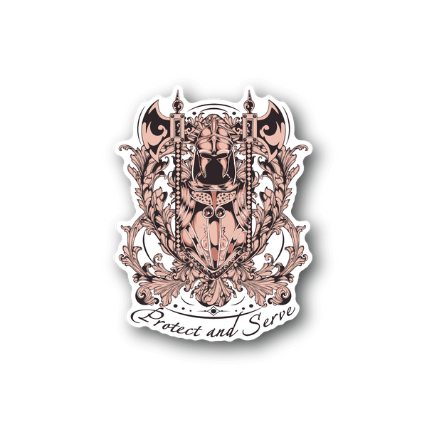 Vinyl sticker: warrior crest with 'Protect and Serve' text, ornate pink and black