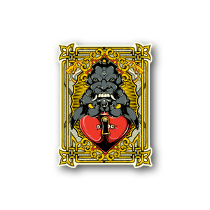 Vinyl sticker with ornate gold frame, red heart shield, and dark guardian figure