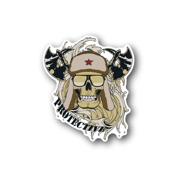Protective skull vinyl sticker with long-hair figure, hat, sunglasses, and wraparound text