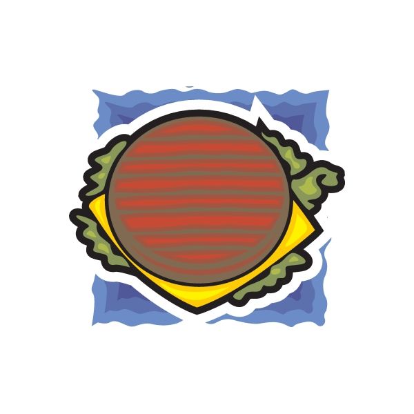 Burger sticker with red striped patty circle, yellow-green outline, blue backdrop