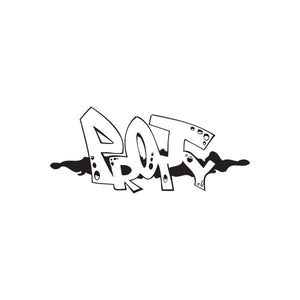 Graffiti decal with bold black and white spray-style letters and splatter