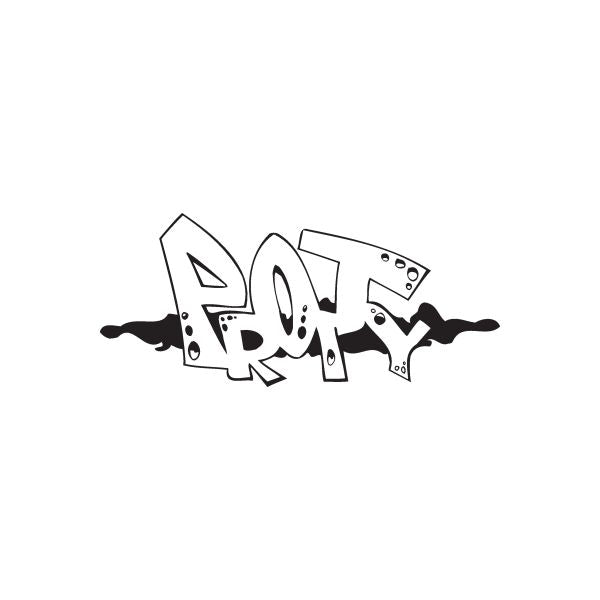 Graffiti decal with bold black and white spray-style letters and splatter