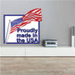 USA made sticker with waving American flag and blue text in white border