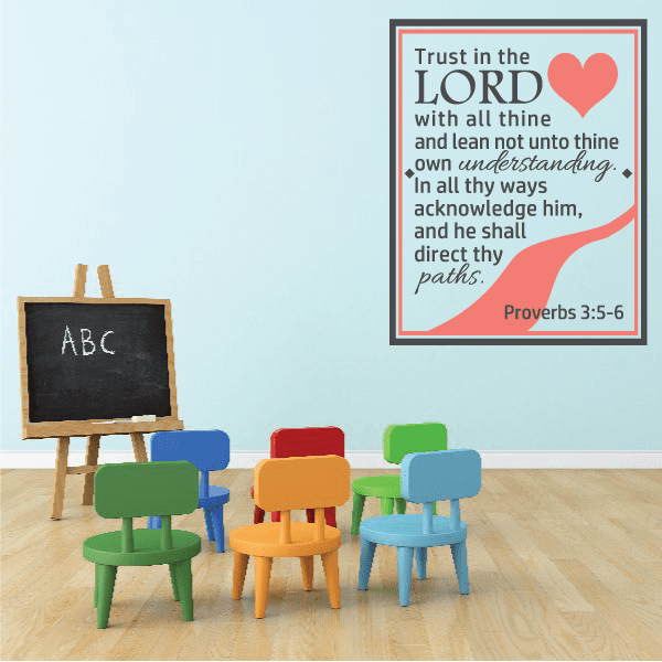 Bible verse wall decal with red heart and quote, Proverbs 3:5-6