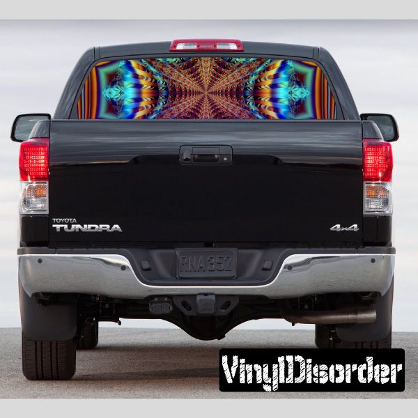 Psychedelic rear window graphic on pickup truck tailgate, colorful abstract design