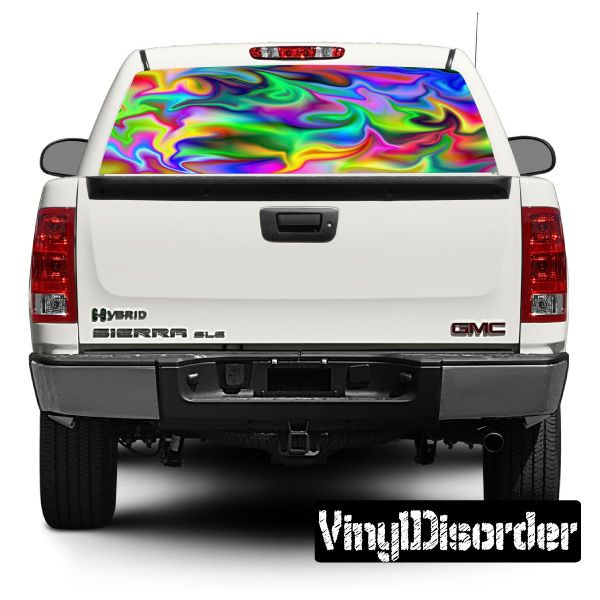 Rear window graphic cover with multicolor psychedelic swirl design