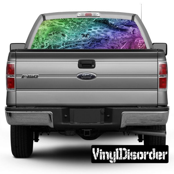 Vehicle rear window graphic with psychedelic purple, green, and blue pattern