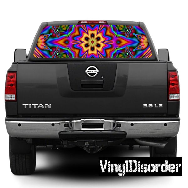 Truck rear window graphic with colorful psychedelic pattern on tinted glass