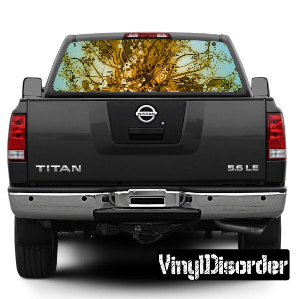 Truck rear tailgate with graphic rear window panel