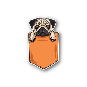 Vinyl sticker of a pug peeking from an orange pocket with outlined badge