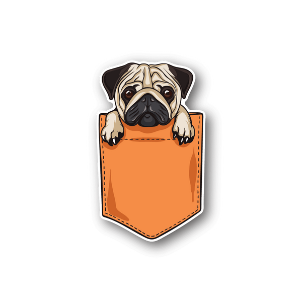 Vinyl sticker of a pug peeking from an orange pocket with outlined badge