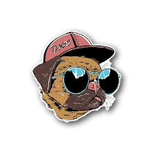 Vinyl sticker of a pug wearing blue glasses and a brown cap with a pink patch