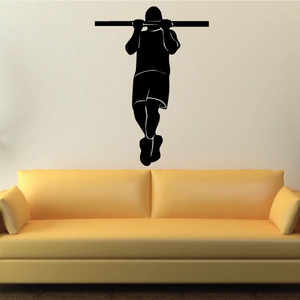 Black fitness pull-up wall decal silhouette, person gripping overhead bar