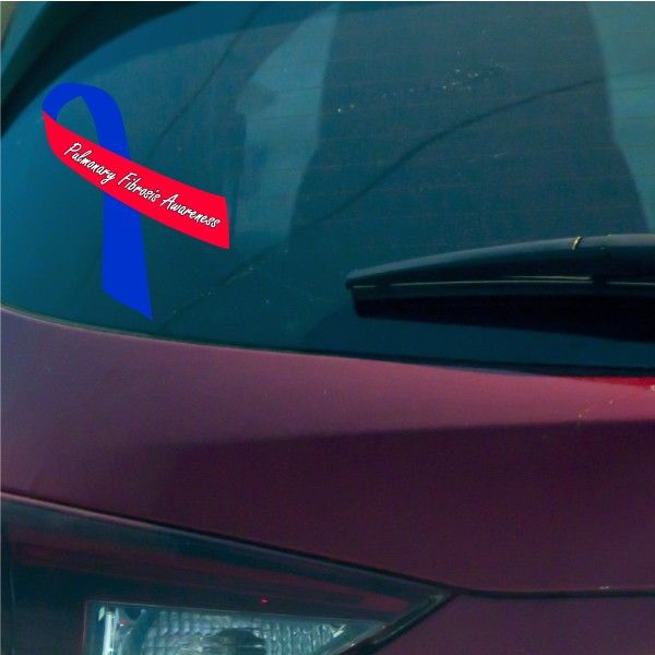 Awareness ribbon vinyl sticker with blue ribbon and red text banner